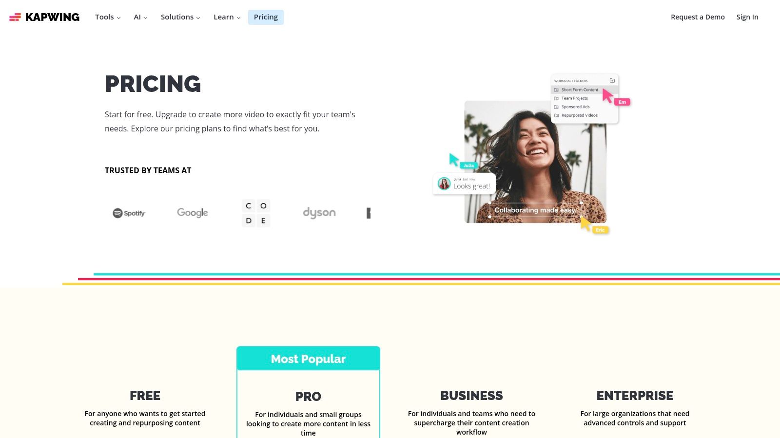 Kapwing's pricing plans for its video editing software.