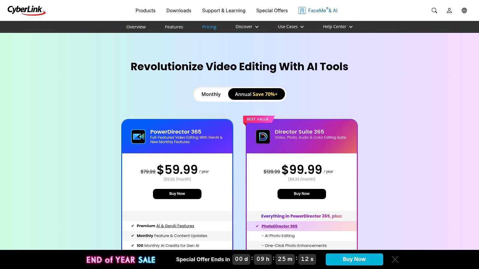 CyberLink PowerDirector 365's pricing page showing subscription options.