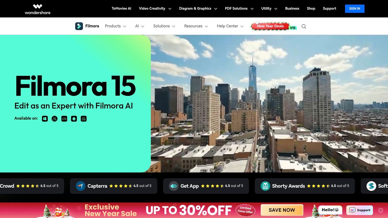 Wondershare Filmora’s interface showing its AI portrait and smart cutout tools.