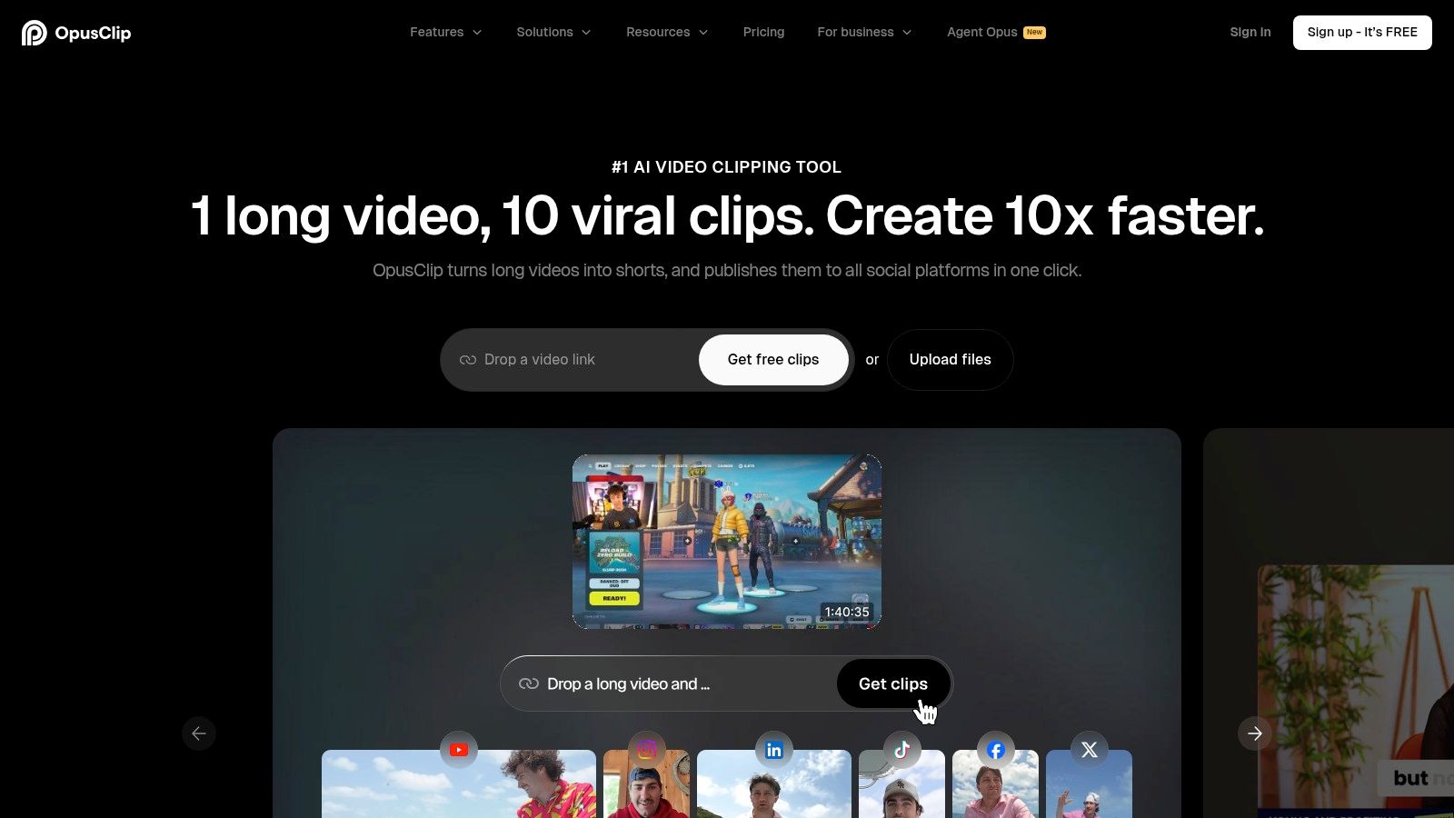 Opus Clip's AI-powered video clipping interface showing a main video and generated short clips.
