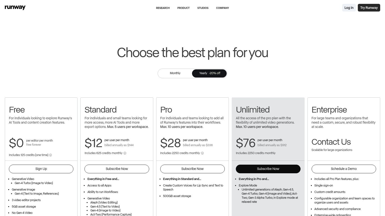 Runway's pricing plans, showcasing its different tiers from Free to Unlimited.