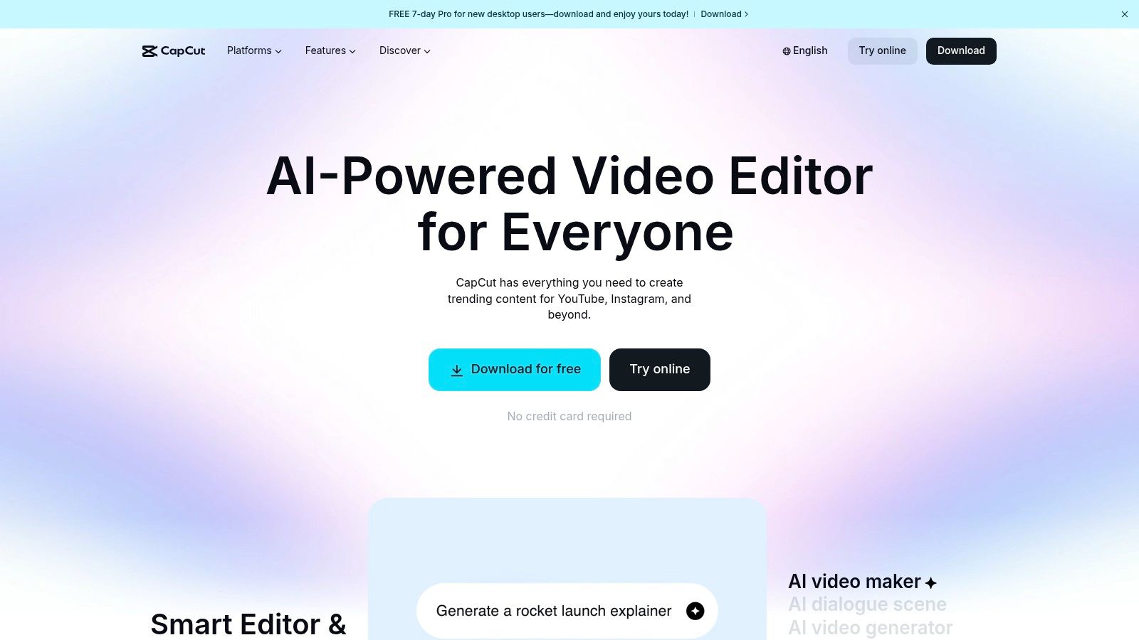 CapCut's AI video editing interface showing templates and effects for social media content.