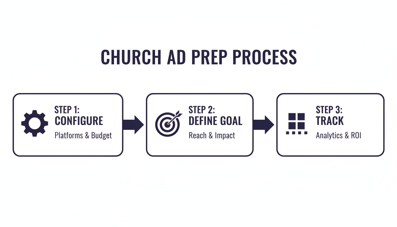 A diagram outlining the three steps of the Church Ad Prep Process: configure, define goal, and track.