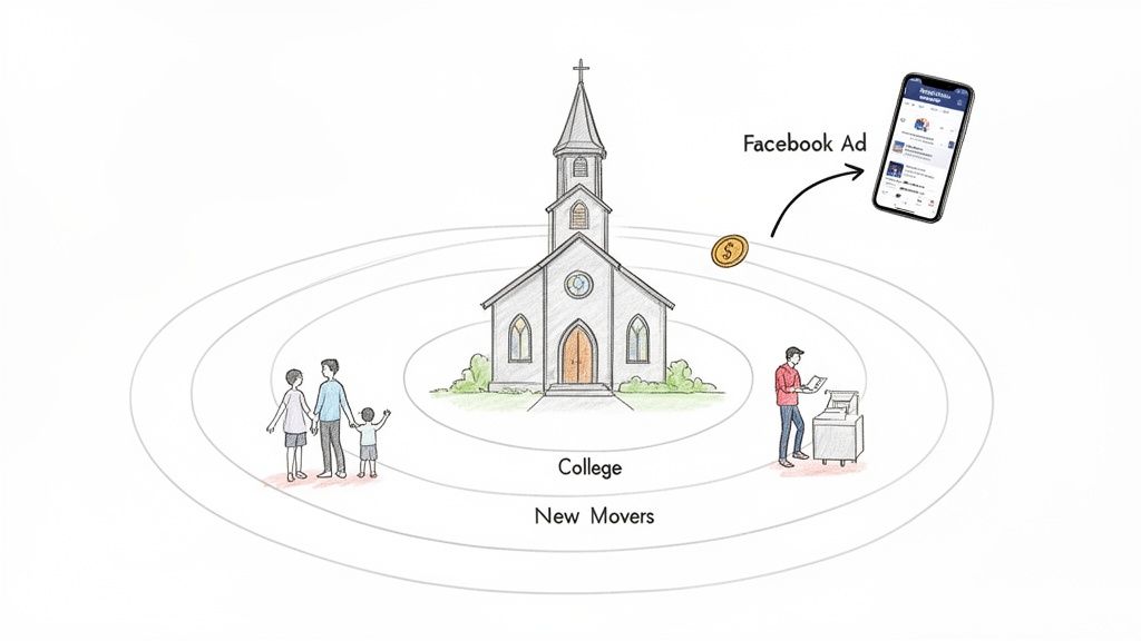 A church uses Facebook ads to reach various community groups like college students and new movers.