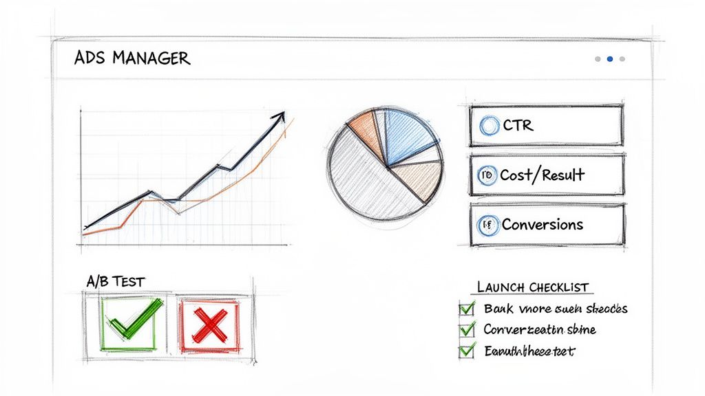 Hand-drawn sketch of an Ads Manager dashboard displaying analytics, A/B testing, and a launch checklist.