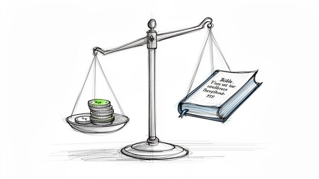 A drawing of a scale balancing a stack of coins on one side and a Bible on the other.