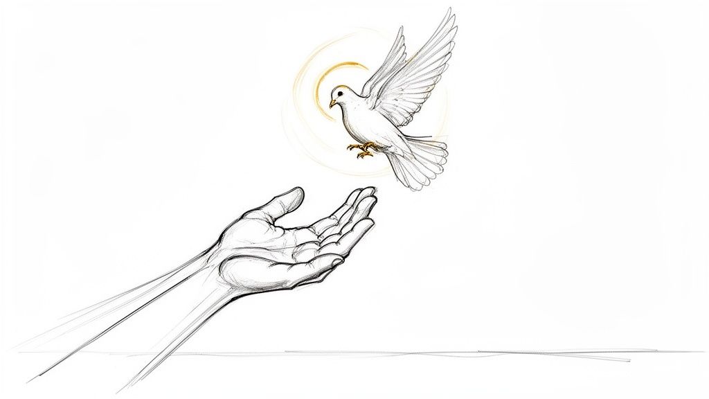 A sketched image of a white dove with a golden halo descending towards an open hand, symbolizing peace and spirituality.