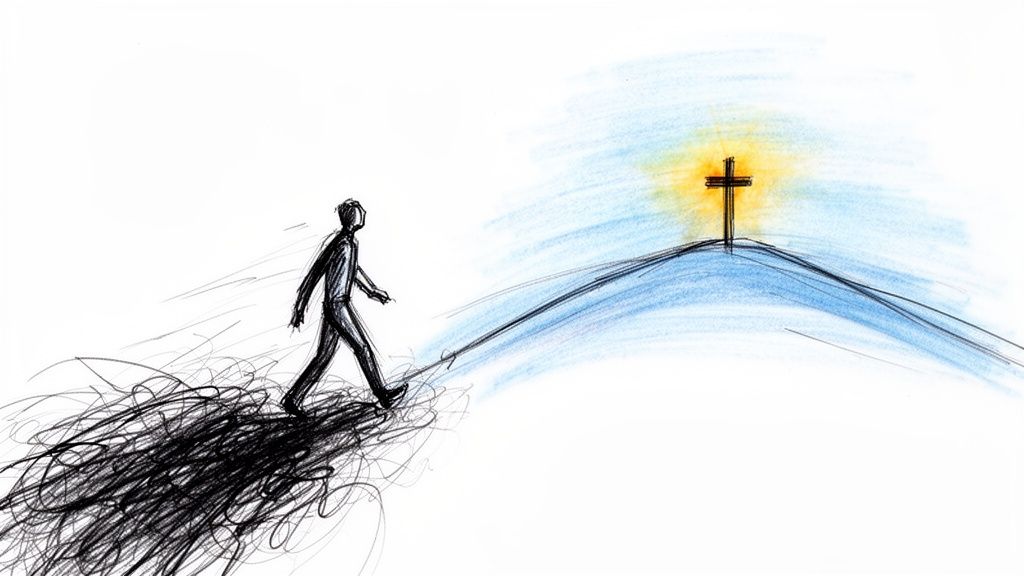A person walks away from a dark, messy past towards a glowing cross on a hill.