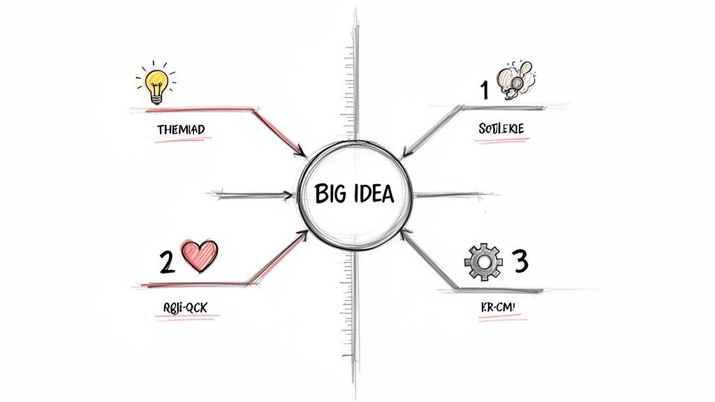 Conceptual diagram with 'BIG IDEA' in center, connected to lightbulb, cloud, heart, and gear icons.