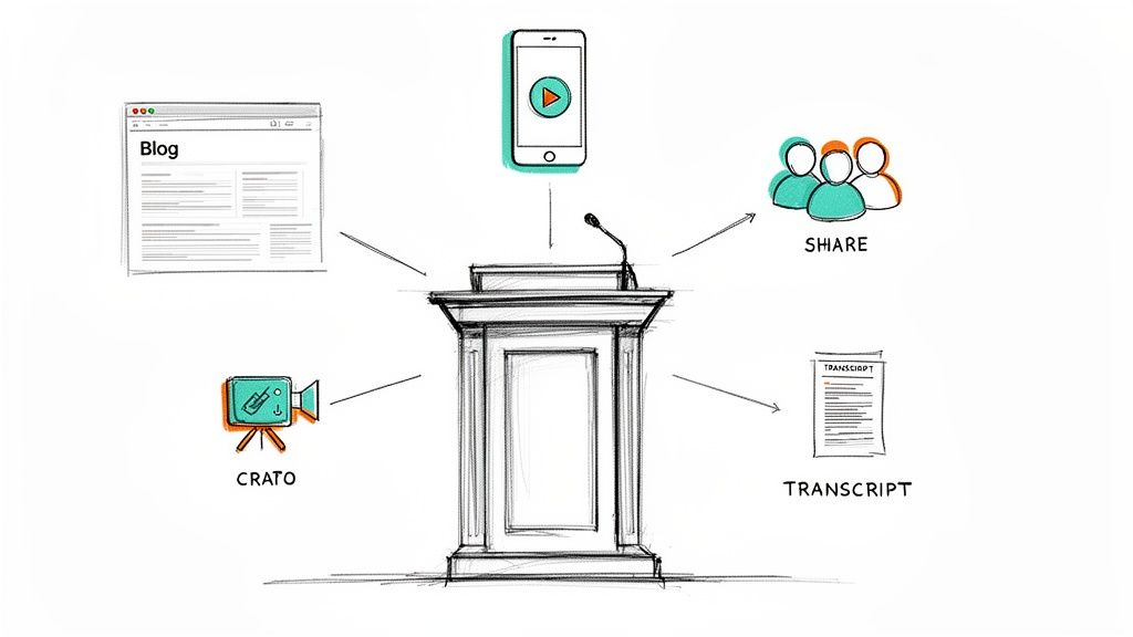 Diagram illustrating content repurposing from a podium to blog, video, mobile, share, and transcript formats.