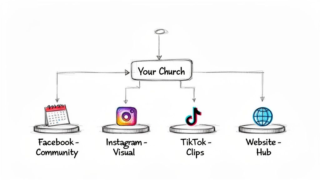 Diagram illustrating a church's multi-channel marketing strategy using Facebook, Instagram, TikTok, and a Website.