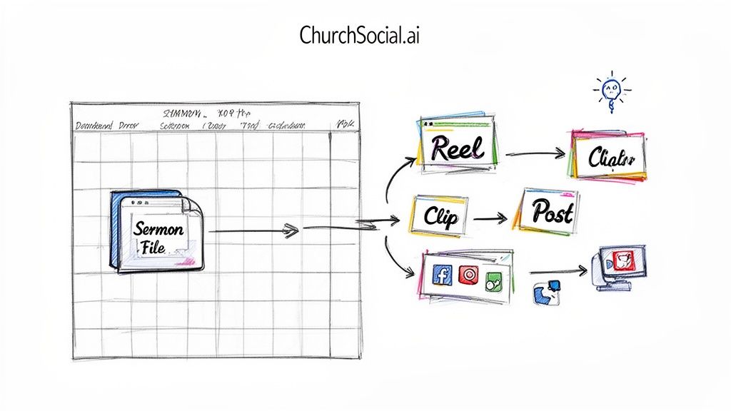 Diagram illustrates ChurchSocial.ai transforming a sermon file into social media reels, clips, and posts for various platforms.