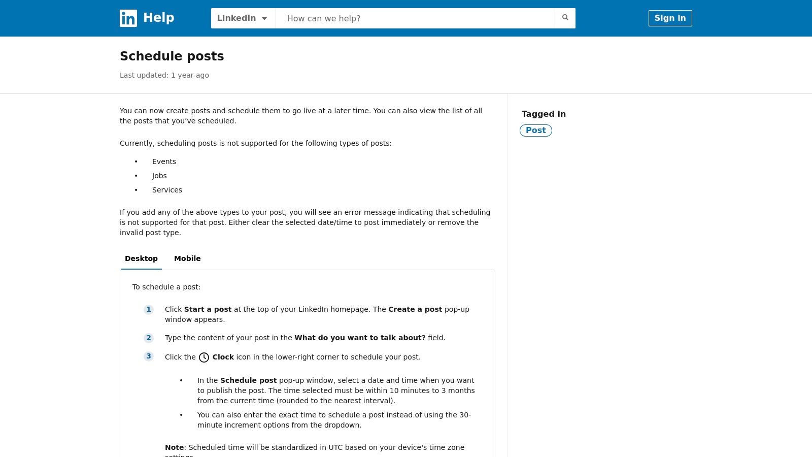 LinkedIn's native post scheduling interface showing the clock icon to schedule a post for a future date and time.