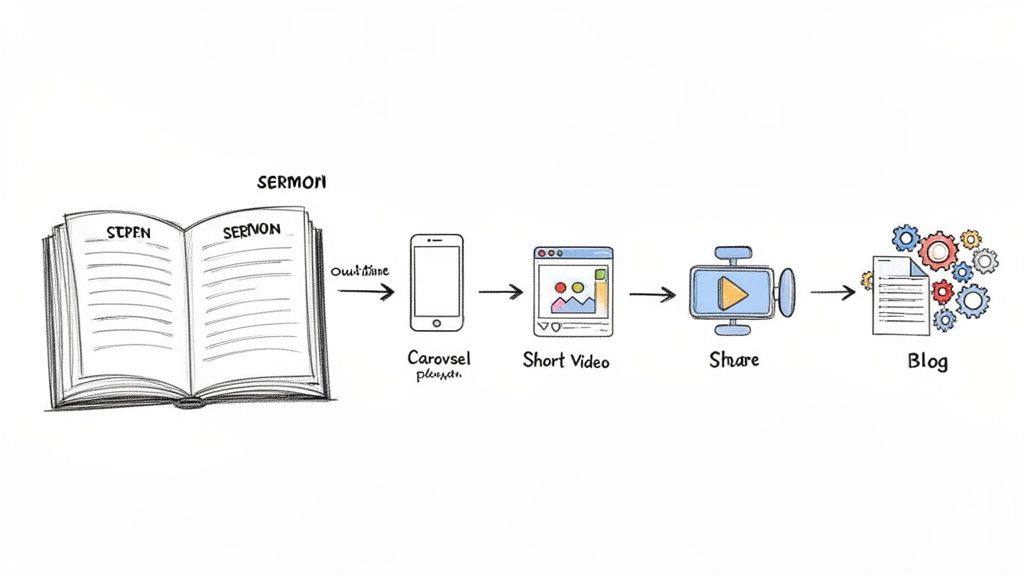 A diagram illustrating the process of converting a sermon outline into various digital content formats for sharing.