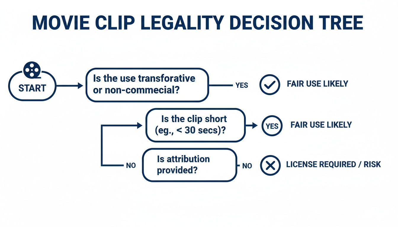 Decision tree flowchart for movie clip legality, outlining steps to determine fair use based on various criteria.