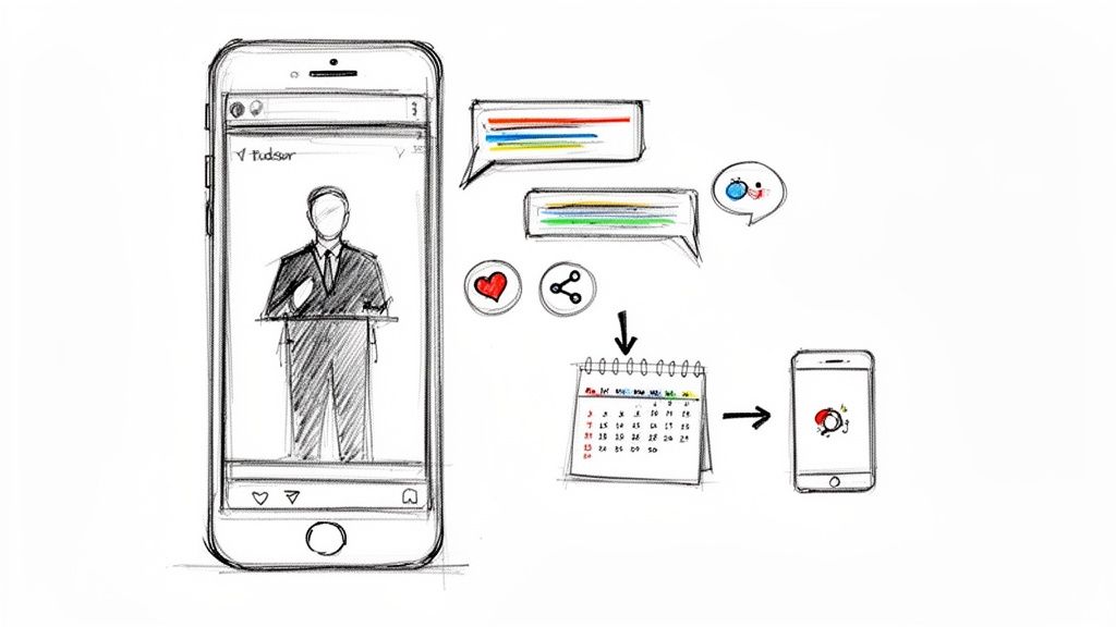 A sketch showing a smartphone displaying a speaker, with social media interactions leading to a calendar event and another smartphone app.