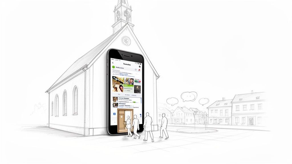 Digital integration: a church facade incorporating a smartphone showing a social media feed, drawing people in.