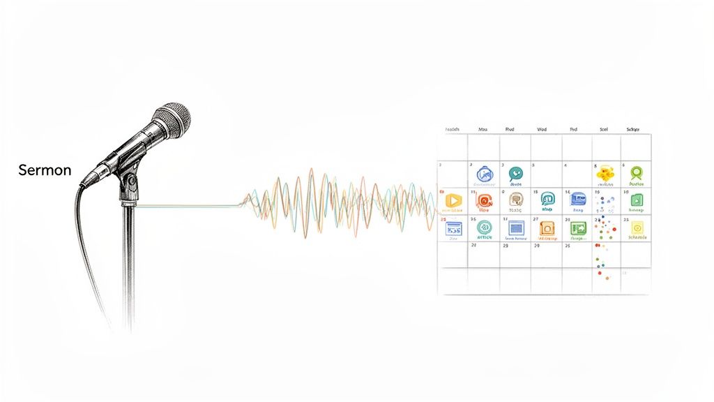 A microphone and sound waves connecting to a calendar grid with various app icons.