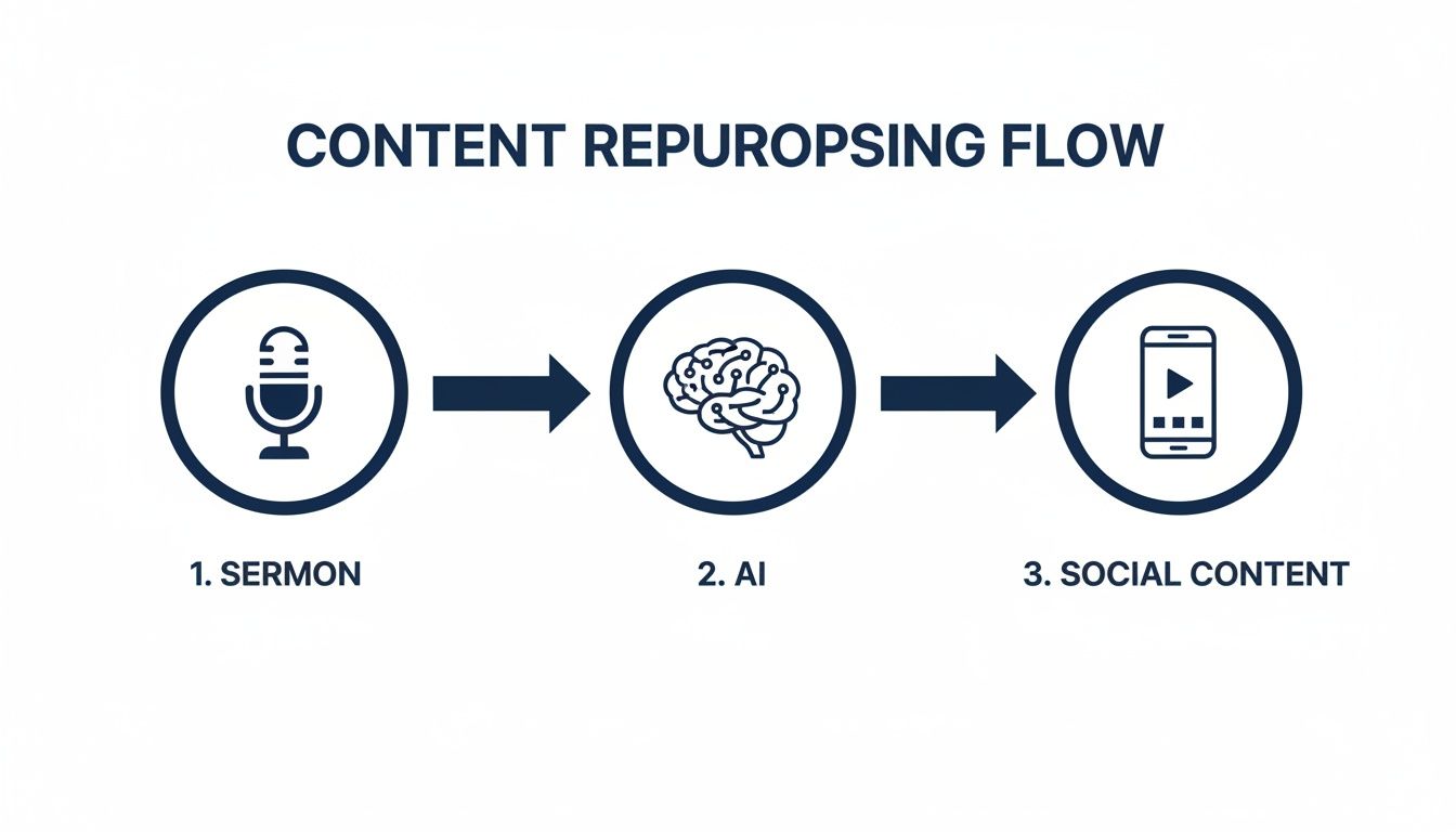 Flowchart illustrating content repurposing from a sermon through AI processing to social media content.
