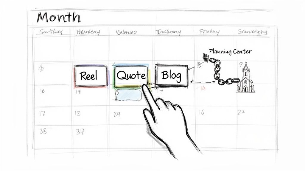 A hand selects 'Quote' on a calendar with content types like 'Reel' and 'Blog', illustrating content planning.