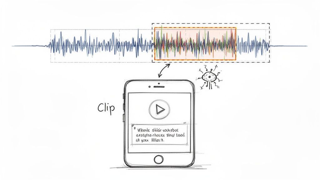 An audio waveform is highlighted, indicating a clip being extracted and displayed on a smartphone screen.