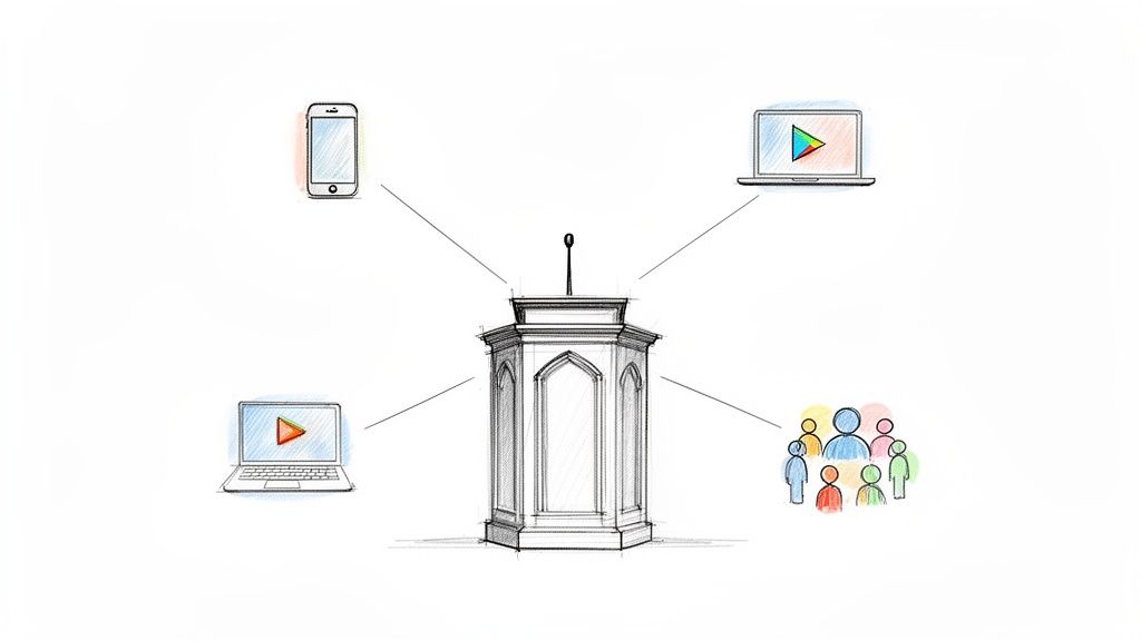 Sketch of a podium sharing content to a smartphone, two laptops with play buttons, and a diverse audience.