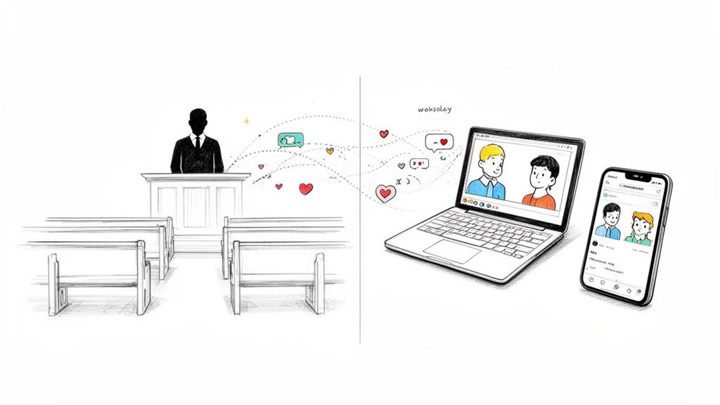 A preacher in an empty church contrasting with a laptop and phone showing online sharing.