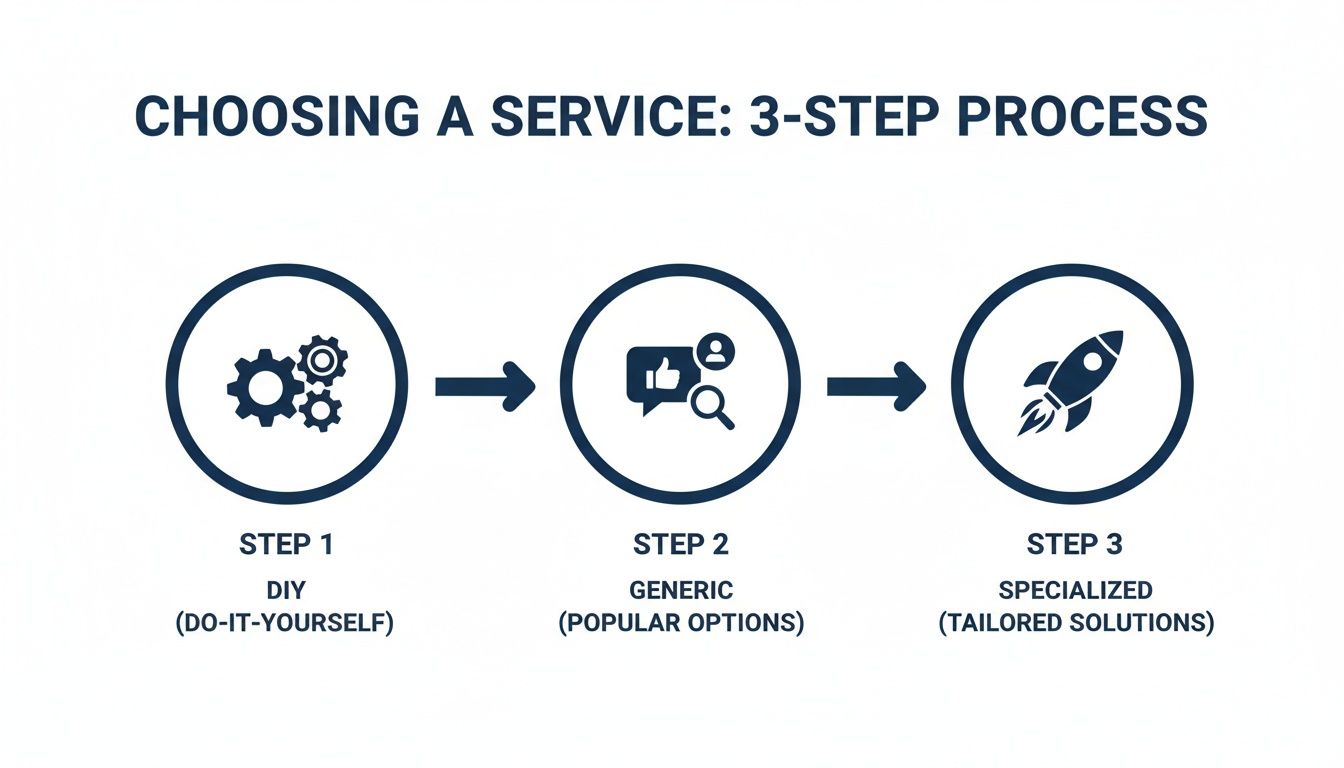 Infographic illustrating a 3-step process for choosing a service: DIY, Generic, and Specialized options.