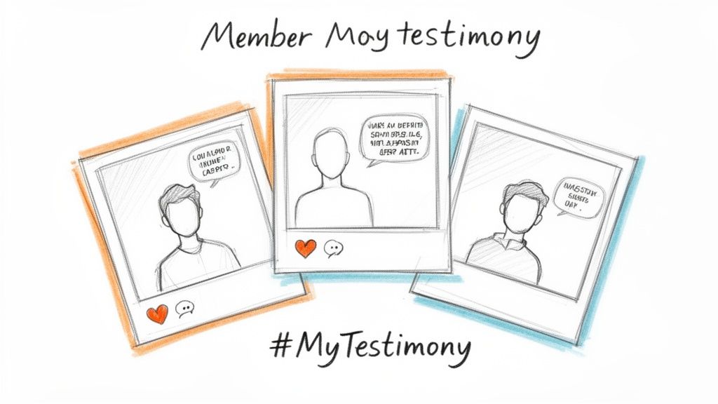 Hand-drawn illustration of three social media posts showing diverse people sharing their testimonies.