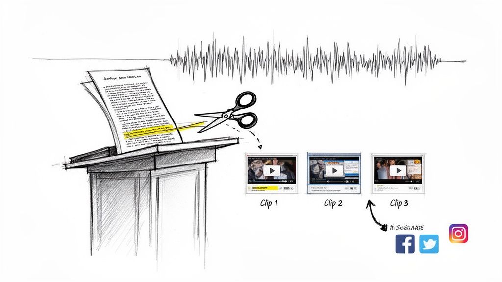 Visual guide illustrating how to transform a speech into shareable social media video clips.