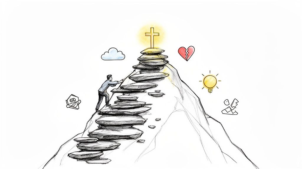 A man climbs a rocky mountain path towards a glowing cross, surrounded by symbolic elements.