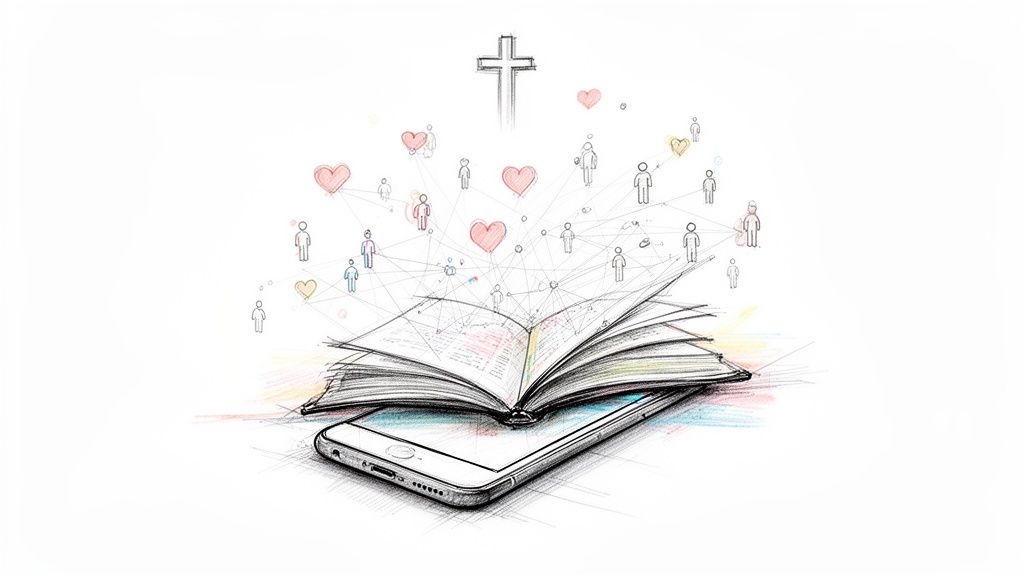 Sketch of an open Bible on a phone, connecting people, hearts, and a cross, symbolizing digital faith community.