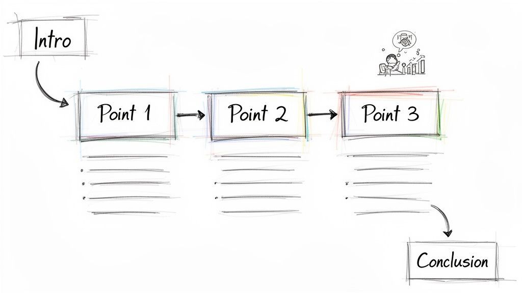 A hand-drawn flowchart illustrating an outline structure with Intro, three main Points, and a Conclusion.