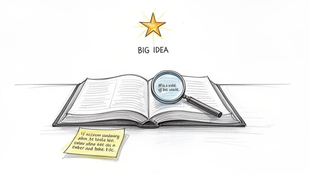 An illustration showing a star labeled 'BIG IDEA' above a book with a magnifying glass.