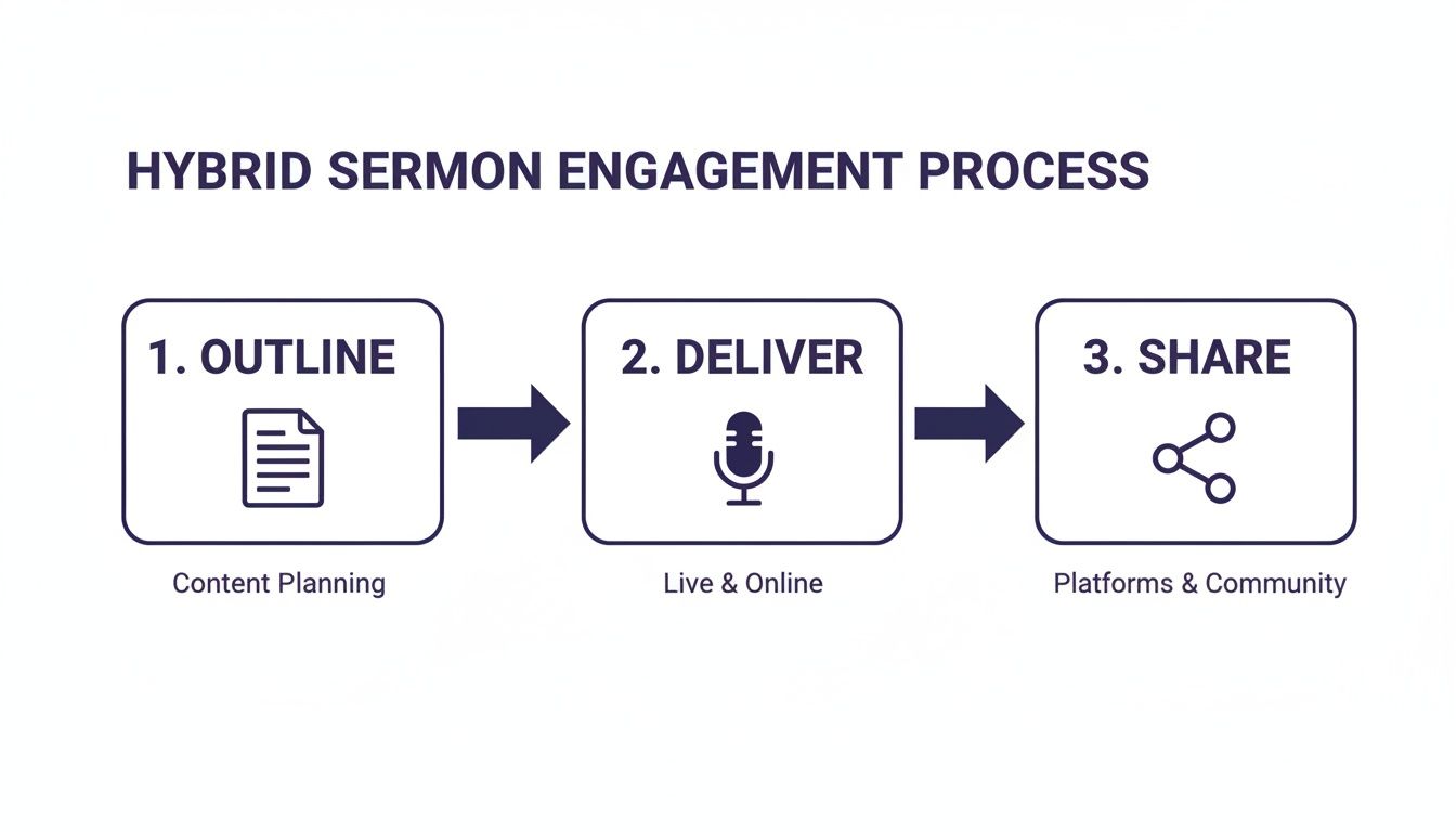 Flowchart showing the three steps of the hybrid sermon engagement process: Outline, Deliver, Share.