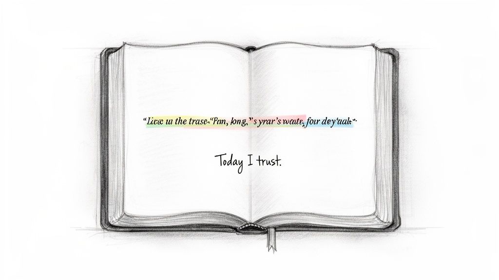 A hand-drawn open book with highlighted text and 'Today I trust.' written inside.