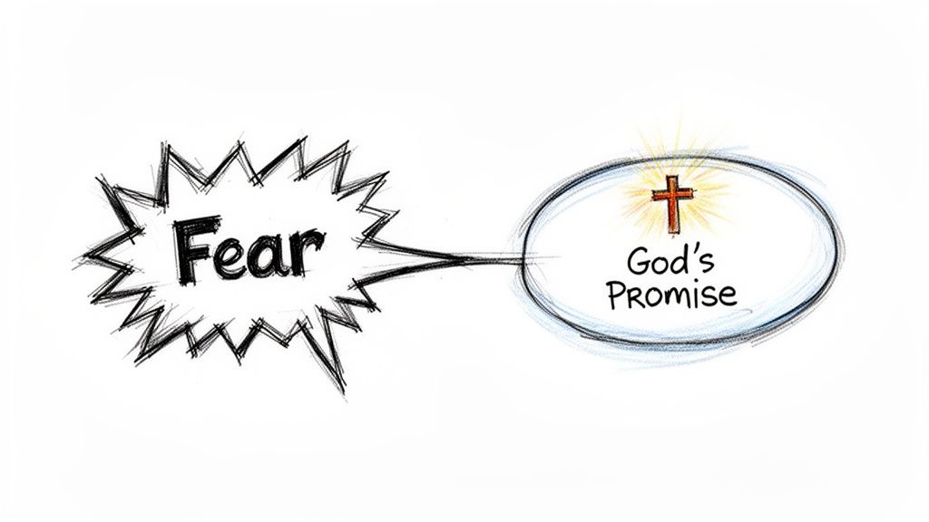 An illustration connecting 'Fear' in a spiky bubble to 'God's Promise' with a glowing cross.
