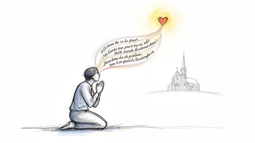 A sketch of a person kneeling in prayer, with thoughts flowing to a glowing heart and a church in the background.