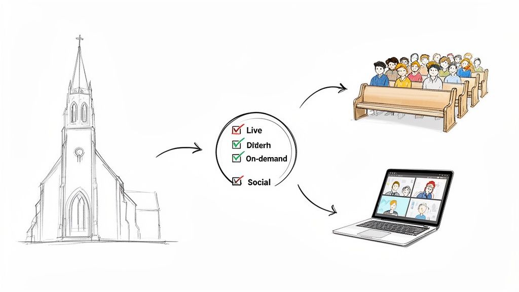 Diagram illustrating a church offering services both in-person and online through live, on-demand, and social platforms.