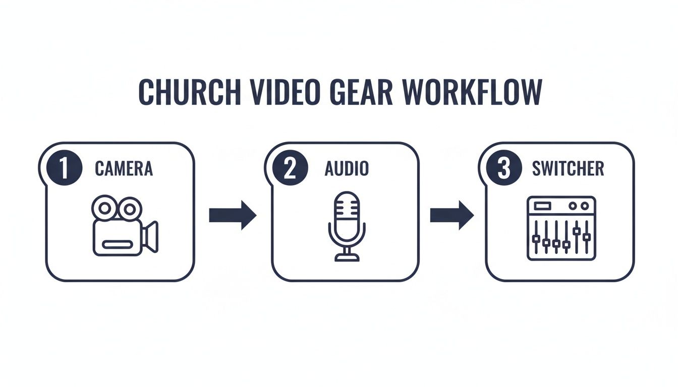 A diagram illustrates the Church Video Gear Workflow: Camera feeds to Audio, then to a Switcher.