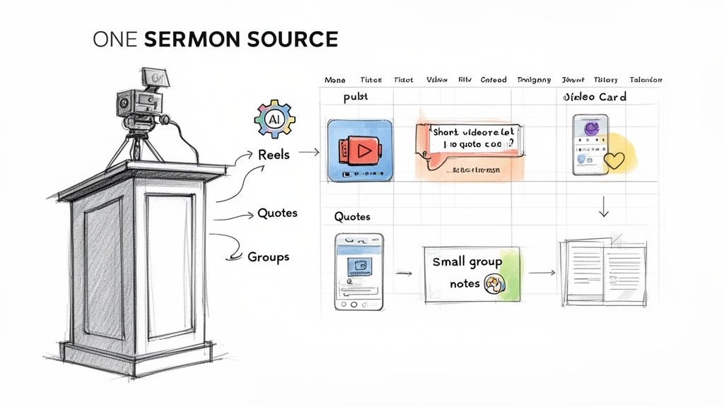 An illustration showing a sermon from a pulpit transformed into various digital content formats like reels, quotes, and small group notes.