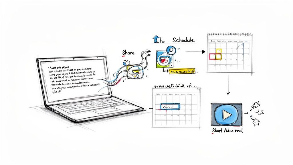 A sketched diagram illustrating a digital workflow from laptop content creation to sharing, scheduling, and video reel output.