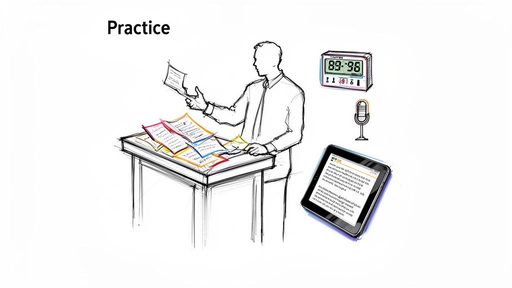 A sketch shows a person practicing a speech with notes, a digital timer, microphone, and tablet.