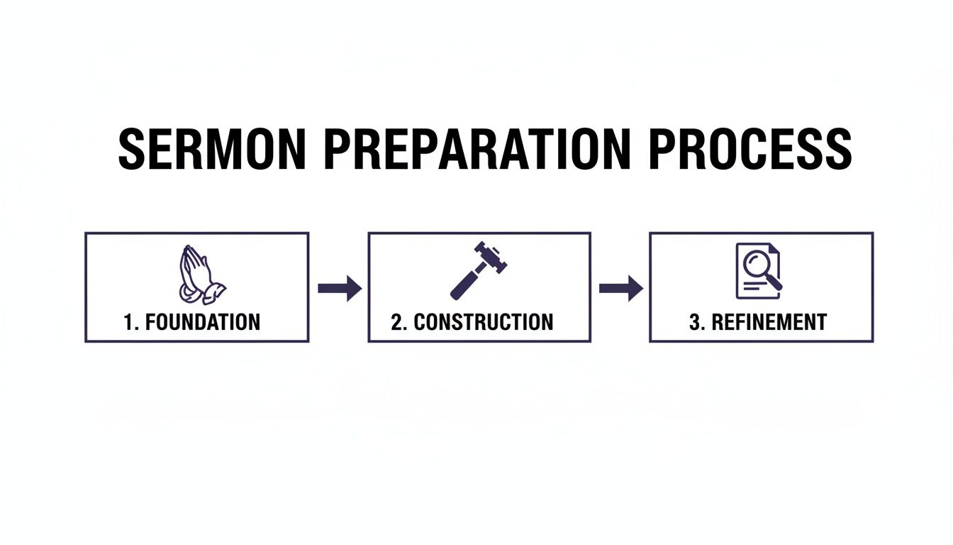 An infographic showing the three steps of the sermon preparation process: Foundation, Construction, and Refinement.