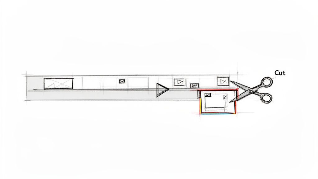 A hand-drawn sketch showing a video editing timeline with scissors cutting a segment, illustrating a 'cut' action.