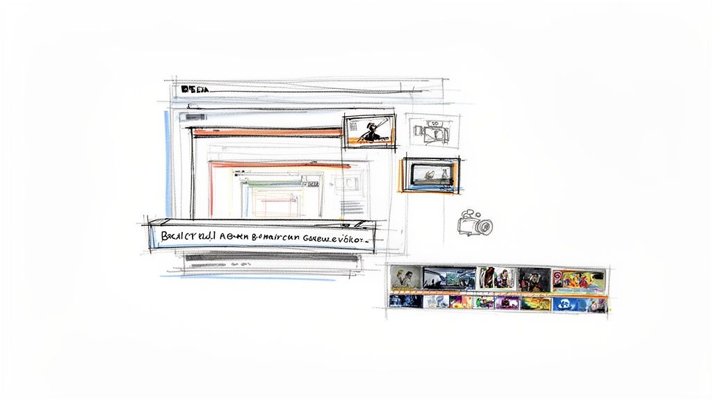 Sketch of a complex video editing interface with overlapping windows and multiple video thumbnails.