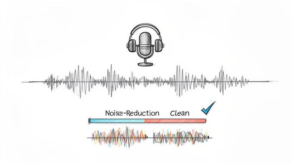 Audio processing illustration demonstrating noise reduction, showing messy and clean sound waves.