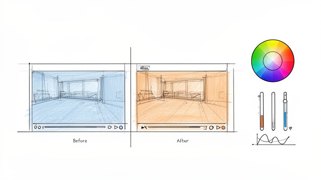 Sketched video frames showing before and after color grading with a color wheel and sliders.