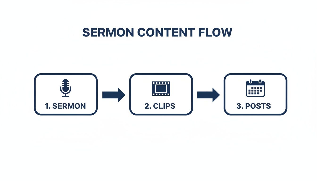 Flowchart showing sermon content process: from sermon (microphone) to clips (film strip), then to posts (calendar).