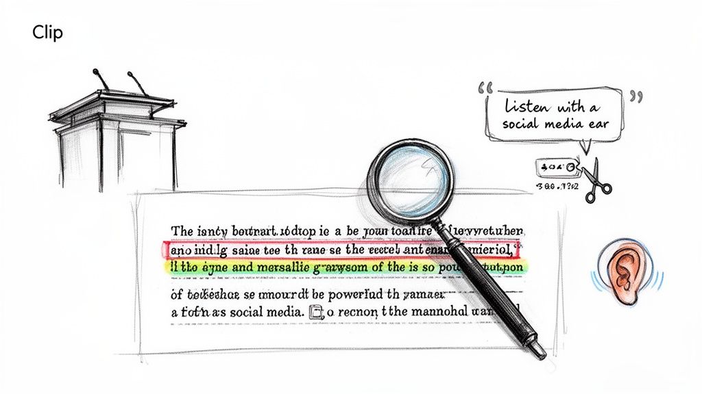 Illustration depicting analyzing social media content, with a magnifying glass over text, a podium, and an ear.